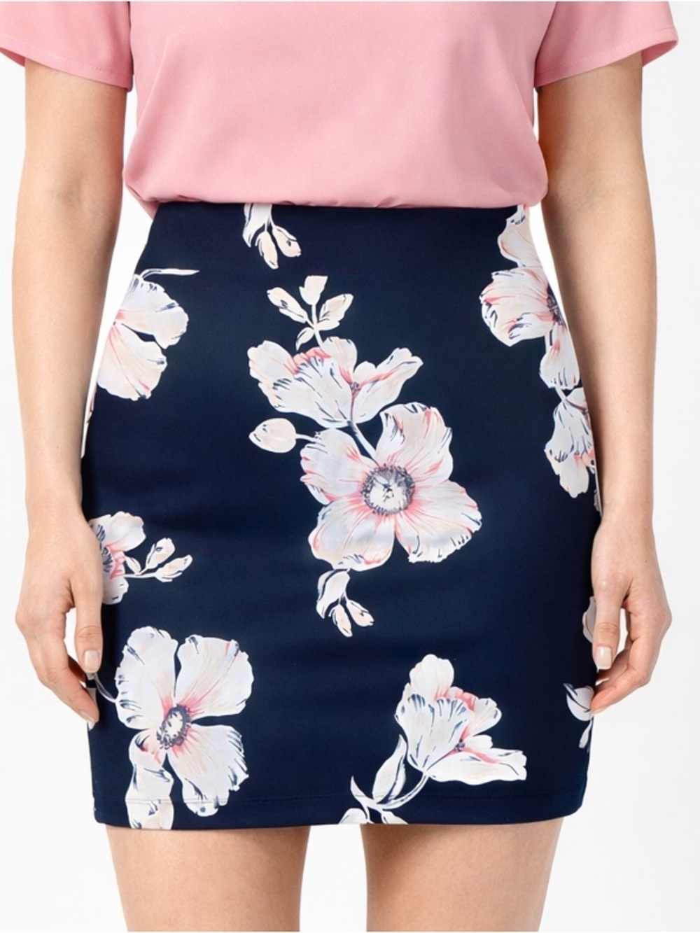 NWT Ann Taylor SZ 12P Navy/pink floral pencil skirt w/rear concealed zipper.